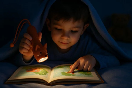 Enfant lisant un livre avec la lampe de poche renard Little L
