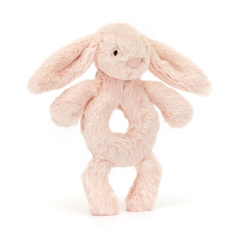 Hochet lapin bashful rose blush jellycat. Cadeau de naissance bébé.