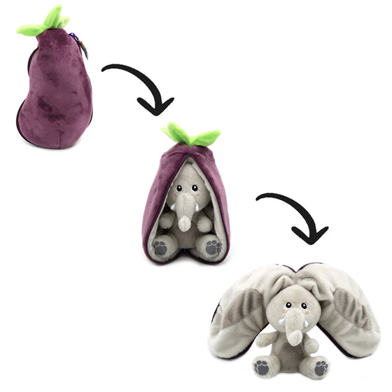 Peluche aubergine violette se transformant en éléphant gris Flipetz