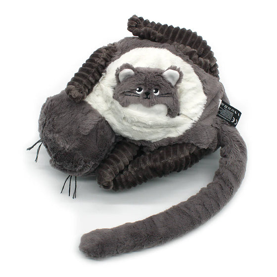Peluche chat gris avec bébé caché dans le ventre