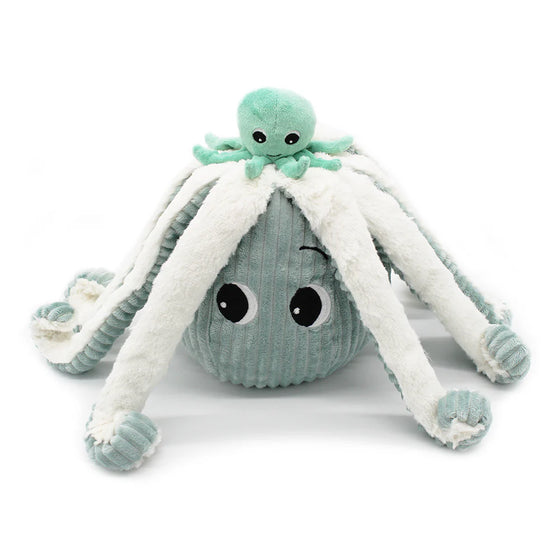 Peluche pieuvre bleue avec bébé caché sous les tentacules - menthe