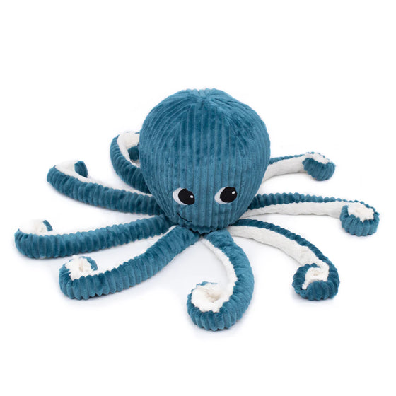 Peluche pieuvre bleue avec bébé caché sous les tentacules bleues