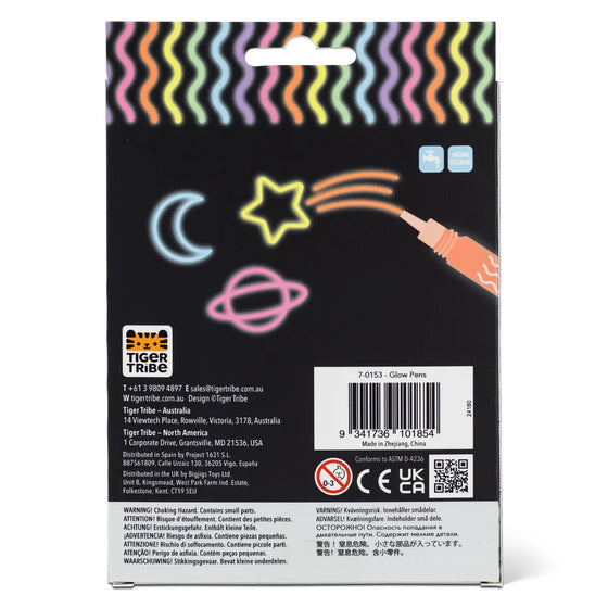 Stylos phosphorescents Glow Pens Tiger Tribe 6 couleurs - dos pochette