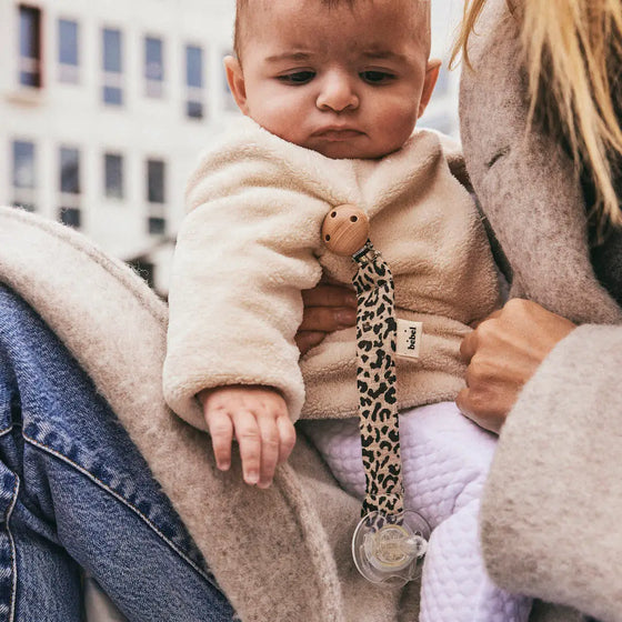 Attache tétine effet lin léopard beige bebel