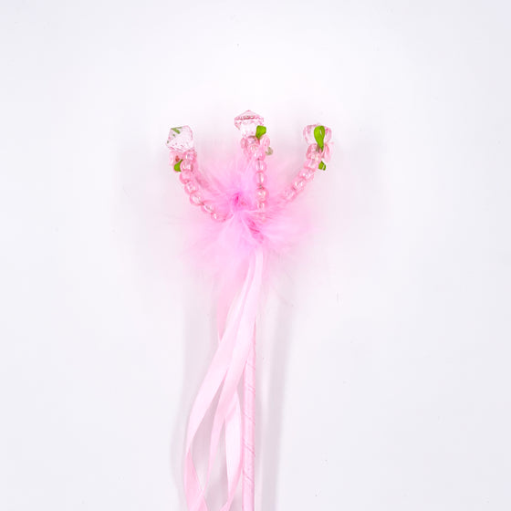 Baguette magique rose enfant avec perles, plumes et rubans satin – accessoire déguisement fée princesse
