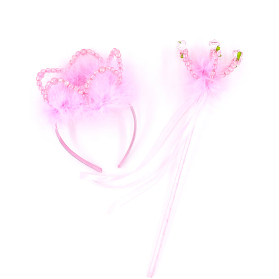 Baguette magique rose enfant avec perles, plumes et rubans satin – accessoire déguisement fée princesse