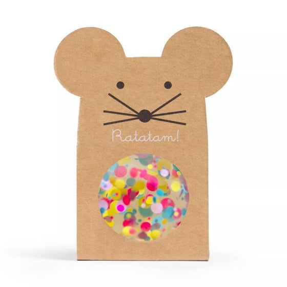 Balle rebondissante pailletée multicolore jaune rose orange – packaging souris Ratatam – jouet enfant