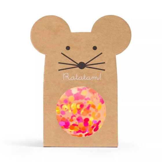 Balle rebondissante pailletée multicolore jaune rose orange – packaging souris Ratatam – jouet enfant