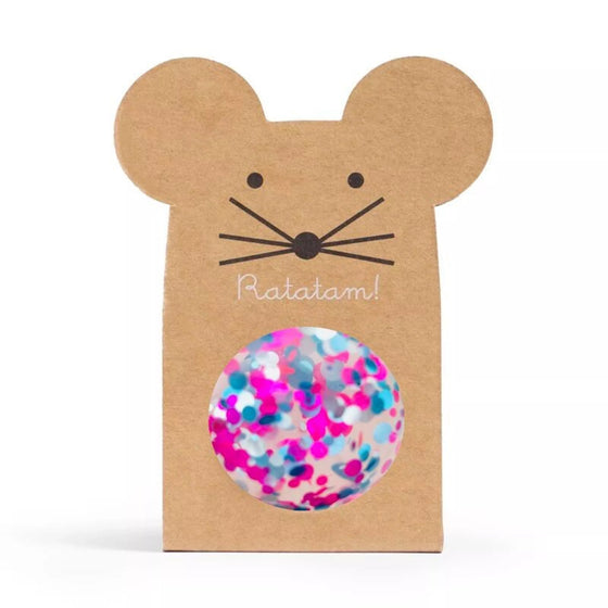 Balle rebondissante pailletée multicolore violet rose bleu – packaging souris Ratatam – jouet enfant