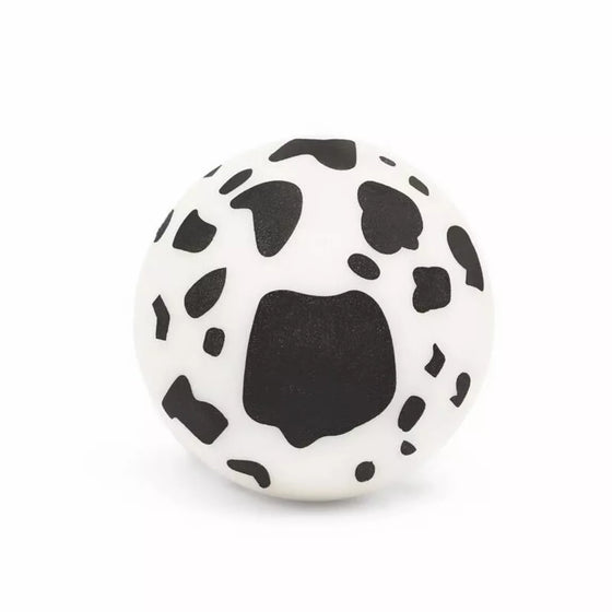 Balle rebondissante motif vache – Ratatam – jouet enfant design dans emballage carton léopard