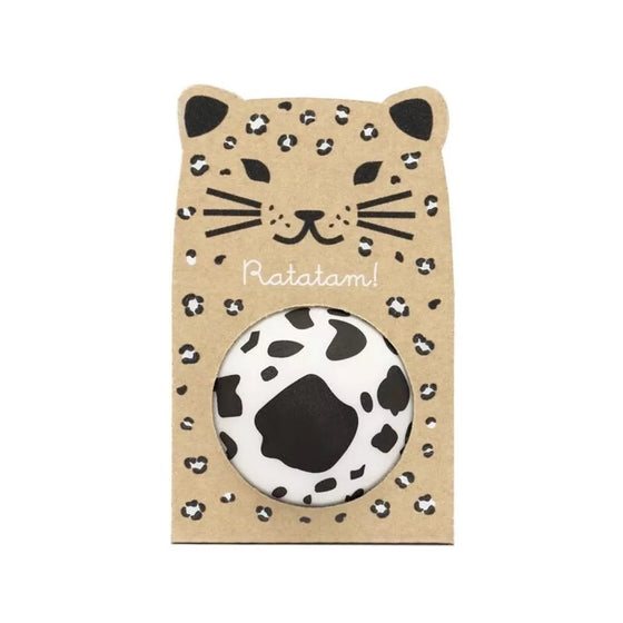 Balle rebondissante motif vache – Ratatam – jouet enfant design dans emballage carton léopard