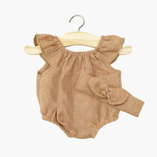  Barboteuse en lin lavé noisette avec bandeau assorti pour poupée 34-38 cm – ensemble Clara compatible Minikane.