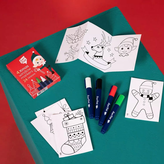 Boîte Super Petit Noël avec 4 feutres effaçables pour vitres et miroirs et 24 dessins à colorier