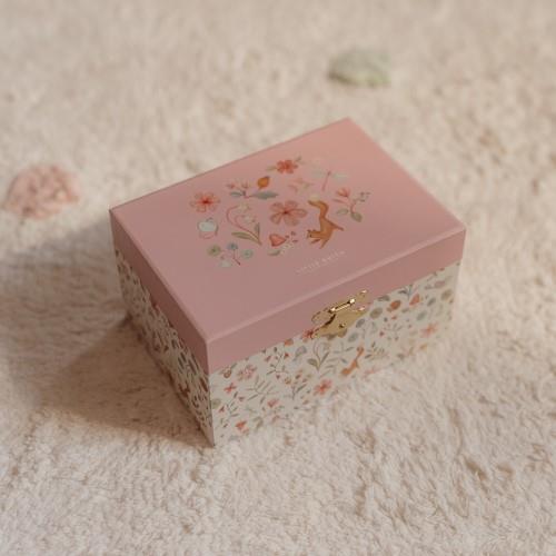 Boîte à bijoux musicale Little Dutch - Coffret en bois décoré de motifs floraux avec intérieur rose. Comprend une figurine de danseuse tournante et un miroir en forme de nuage. Idéal pour ranger bijoux et petits trésors. Cadeau parfait pour enfants.