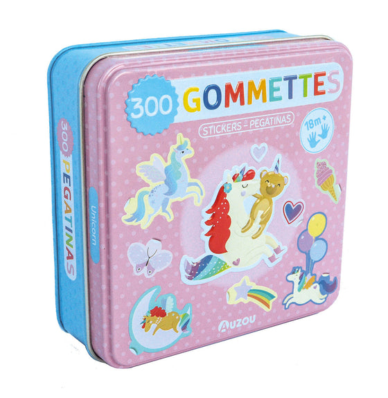 Boîte métal Auzou 300 gommettes Licornes – stickers repositionnables pour enfants dès 18 mois