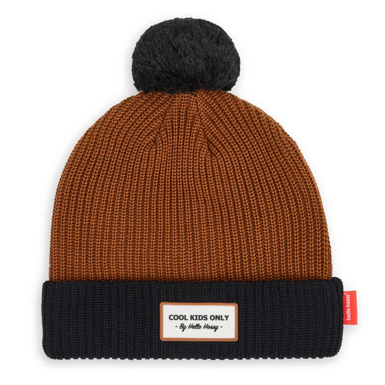 Bonnet enfant Hello Hossy Color Block Blacky marron et noir avec pompon