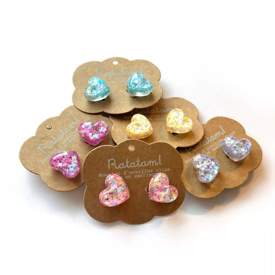 Boucles d’oreilles à clip cœur pailleté pour enfants – Bijoux fantaisie Ratatam chez Ma Biche