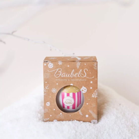 Boule de Noël blanche personnalisable Baubels motif Pop Corn rose et doré avec ruban rose