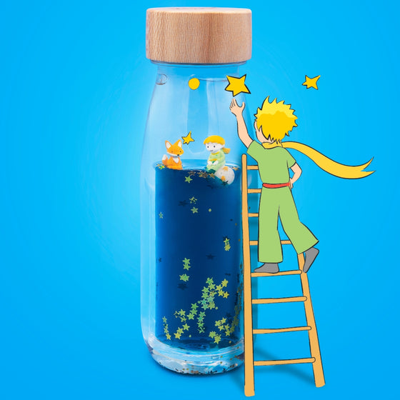 Bouteille sensorielle Le Petit Prince Petit Boum – jouet d’éveil liquide avec paillettes et figurines pour bébé