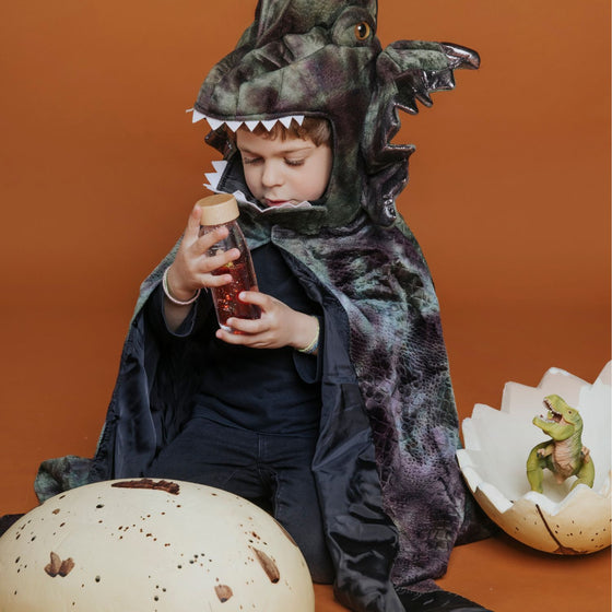 Bouteille sensorielle Petit Boum Move T-Rex avec liquide rouge et dinosaure flottant