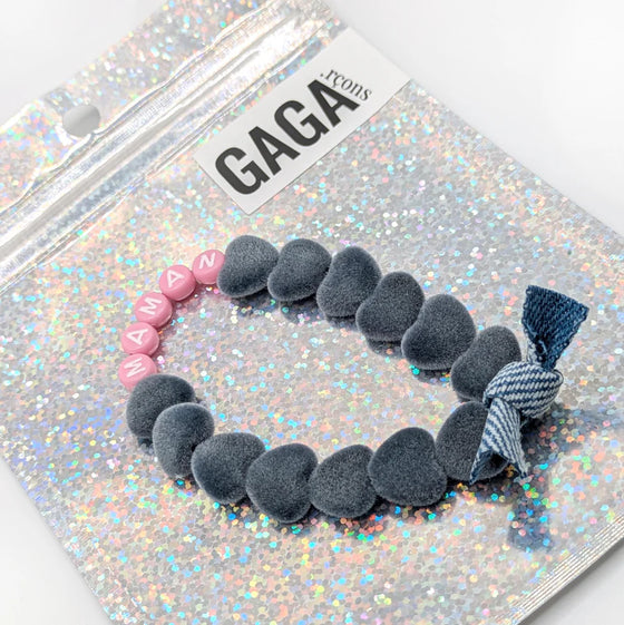 Bracelet enfant Best Sister GAGA avec perles roses et cœurs en velours gris