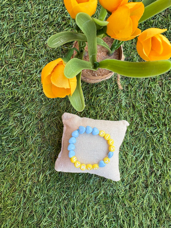 Bracelet enfant Fils à Maman avec cœurs bleu pastel et perles jaunes – GAGA