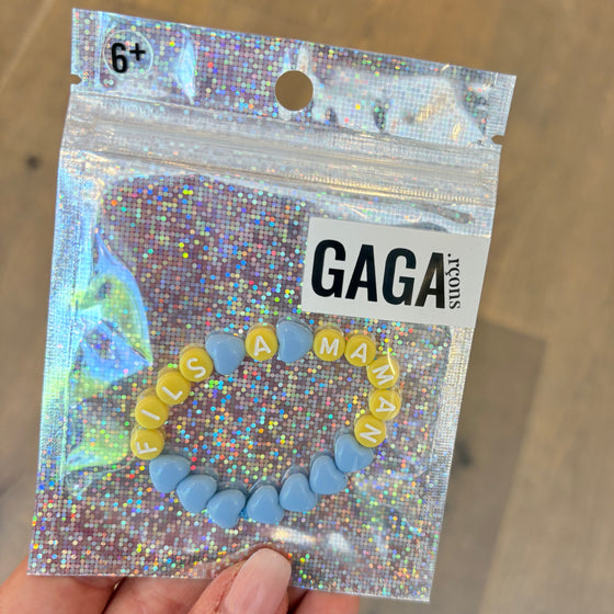 Bracelet enfant Fils à Maman avec cœurs bleu pastel et perles jaunes – GAGA