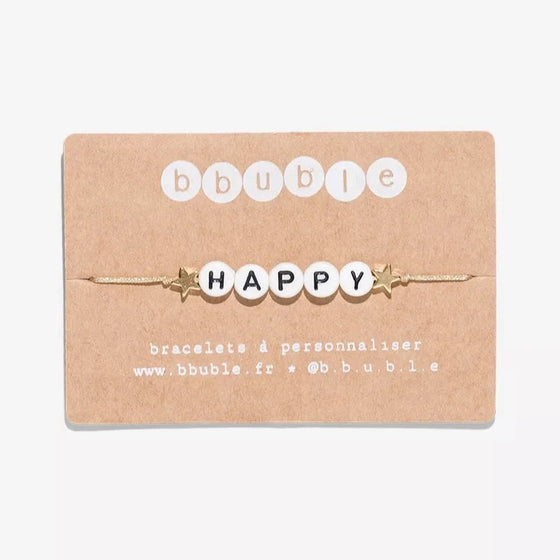 Bracelet enfant Bbuble avec perles "HAPPY" et étoiles dorées – carte kraft