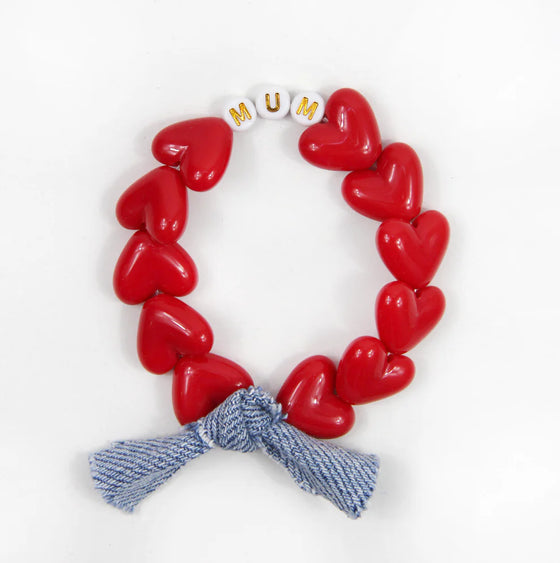Bracelet MUM GAGA avec perles en forme de cœur rouge et nœud en jean – idée cadeau maman originale