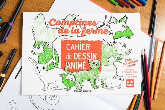 Cahier de dessin animé Comptines de la Ferme Editions Animées et Blink Book.