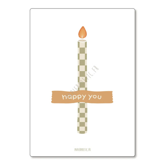 Carte postale anniversaire bougie motif vichy avec message "Happy You" – Papier Poetic