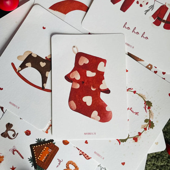 Carte postale Chaussette de Noël à cœurs Papier Poetic