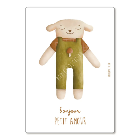 Carte postale Bonjour Petit Amour mouton blanc salopette verte – Papier Poetic
