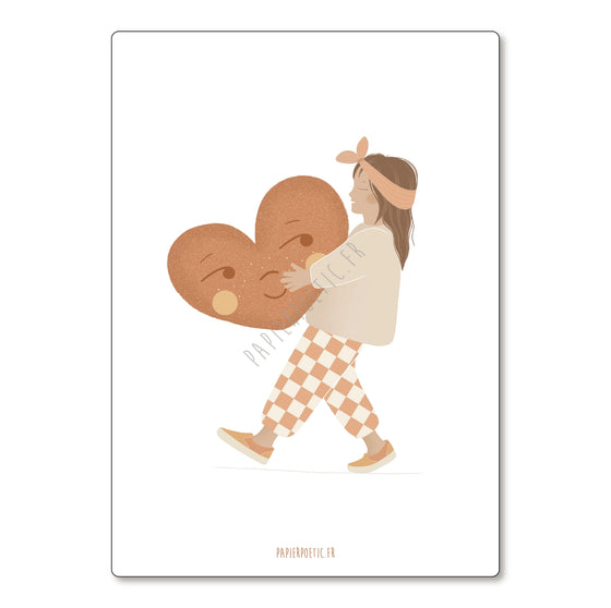 Carte enfant Papier Poetic avec illustration d’une fillette en vichy portant un grand cœur scintillant – modèle Lovely