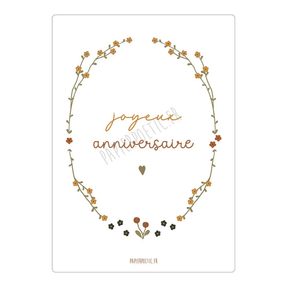Carte postale Joyeux Anniversaire avec couronne de fleurs – illustration poétique Papier Poetic