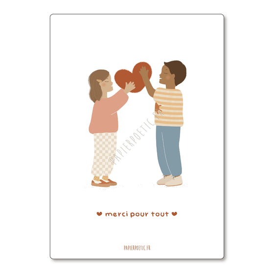 Carte illustrée “Merci pour tout” avec enfants tenant un cœur – Papier Poetic