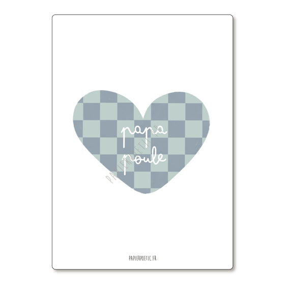 Carte postale cœur damier bleu avec texte "Papa Poule" – Papier Poetic