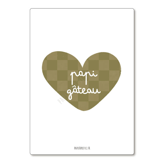 Carte postale avec cœur vert olive à damier et message "Papi gâteau" – Papier Poetic