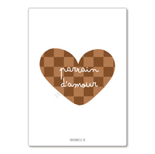  Carte postale cœur damier marron avec texte "Parrain d’amour" – Papier Poetic