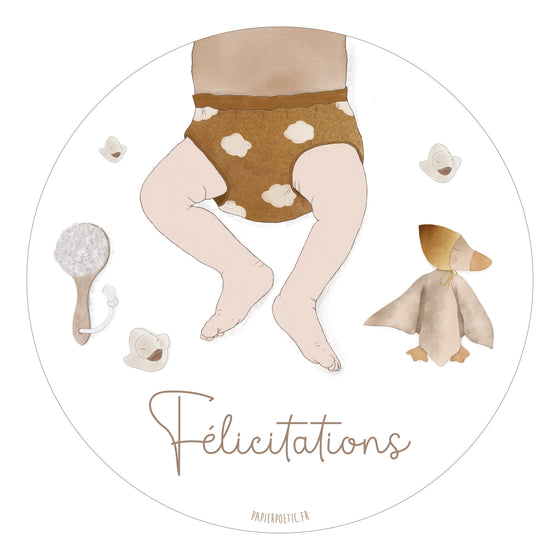 Carte ronde Félicitations garçon avec illustration bébé, doudou souris et tétine – Papier Poetic