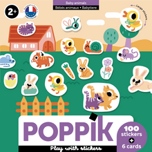  Cartes à sticker, thèmes des bébés animaux, 6 cartes et 100 gommettes, marque Poppik.