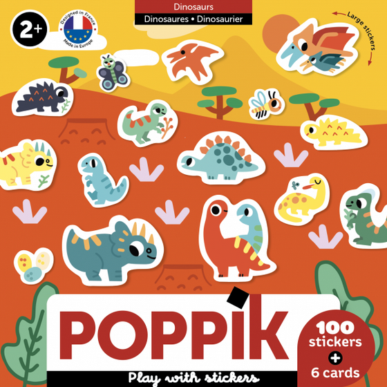 6 cartes à stickers avec 100 gommettes, thèmes des dinosaures, marque Poppik.