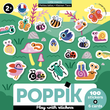  6 cartes à stickers avec 100 gommettes, thèmes des petites bêtes, marque Poppik.