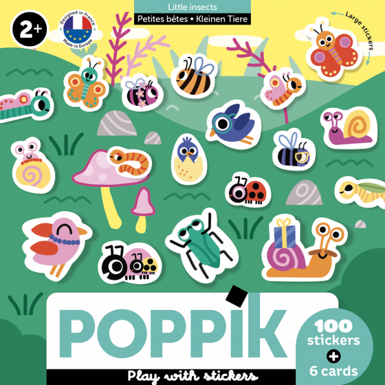 6 cartes à stickers avec 100 gommettes, thèmes des petites bêtes, marque Poppik.