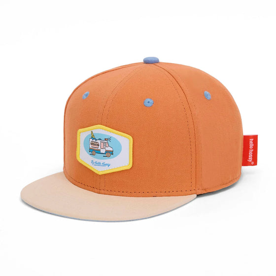 Casquette enfant Hello Hossy Ice Truck orange avec patch camion glace et visière beige