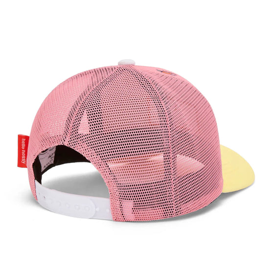 Casquette enfant Hello Hossy Snack rose et jaune pastel avec filet rose et motifs fruits