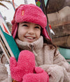 Chapka enfant Hello Hossy Cozy Tara rose doublée polaire avec sangle rouge