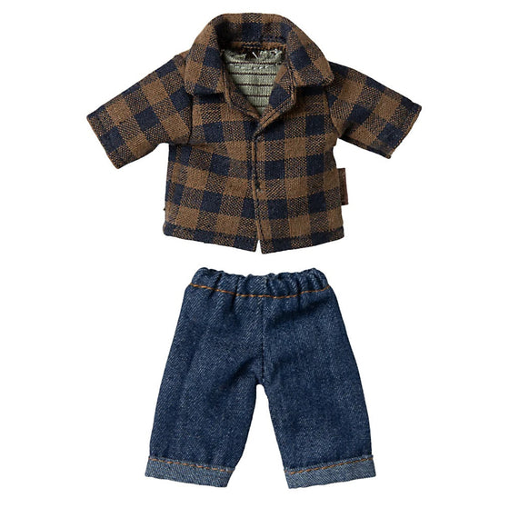 Tenue Maileg pour papa souris – chemise vichy marron et pantalon en jean pour poupée miniature