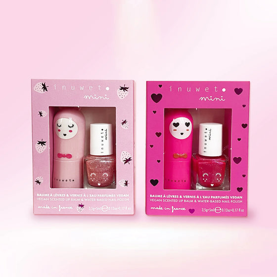 Coffret Duo Rose Inuwet – baume à lèvres et vernis à l’eau parfum cerise et fraise pour enfant