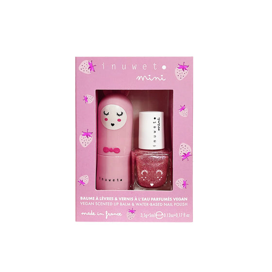 Coffret Duo Rose Fraise Inuwet – baume à lèvres et vernis à l’eau pour enfant